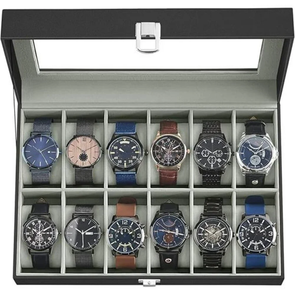 SONGMICS Watch Box 12 Slot Display Case Glass Lid Black Leather Organizer